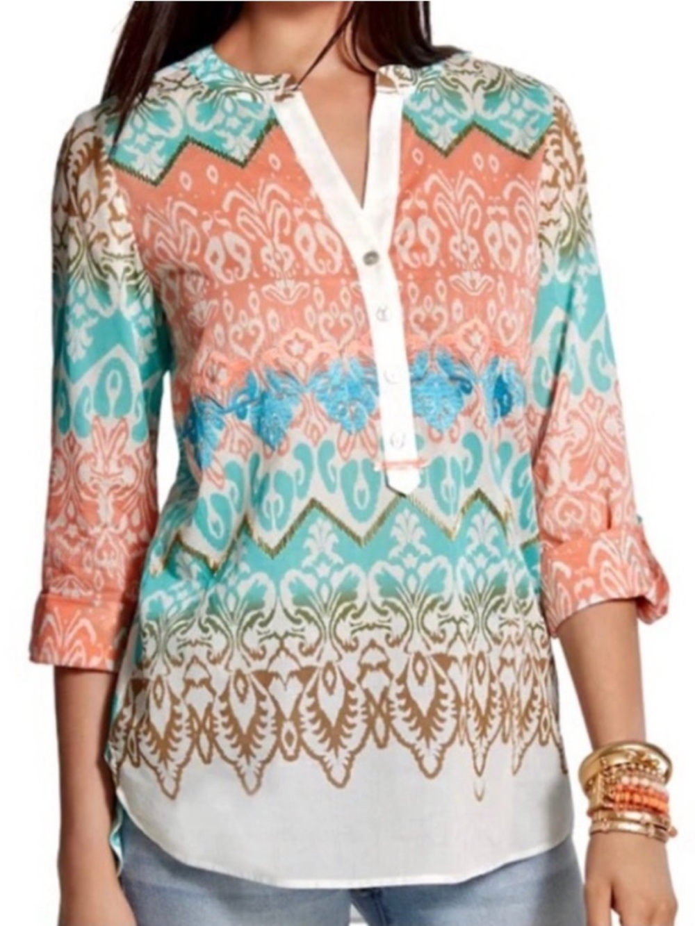 CHICO’S 100% Cotton Embroidered Batik Beauty Norah Long Sleeve Beaded Tunic